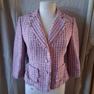 ice girl Pink tweed blazer with ruffle details and button closure. Size: 7 tall